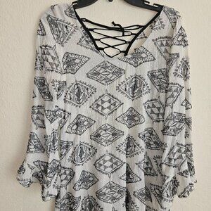 Lucy Love black,white krinkle gawzy dress tunic Hippie ruffle belle sleeve S